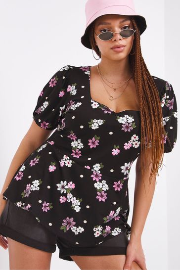 Simply Be Black Floral Supersoft Short Sleeve Notch Neck Top