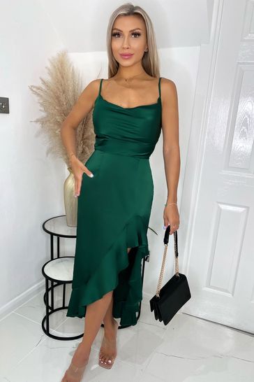 Buy AX Paris Green Satin Cowl Neck Frill Hem Midi Dress from Next