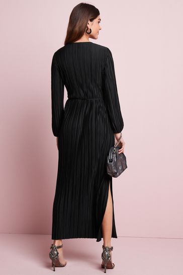 Black Plisse Long Sleeve Dress