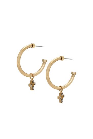 AllSaints Gold Tone Cross Charm Hoop Earrings