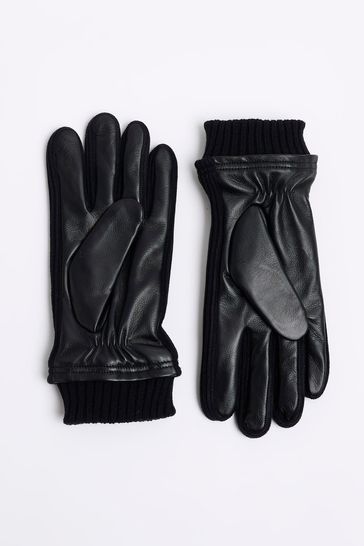 River Island Black Leather Knit Cuff Gloves