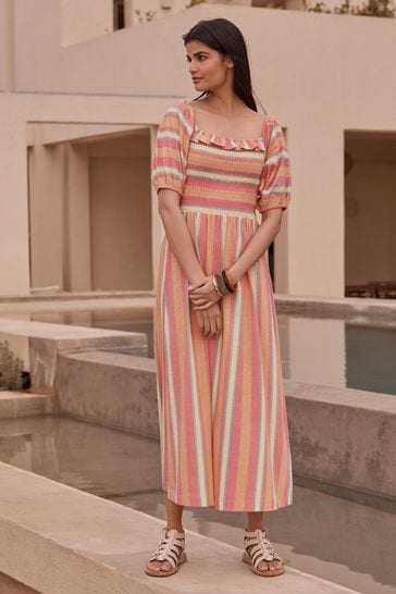Buy Pink Stripe Puff Sleeve Square Neck 100 Cotton Midi Dress from Next Luxembourg