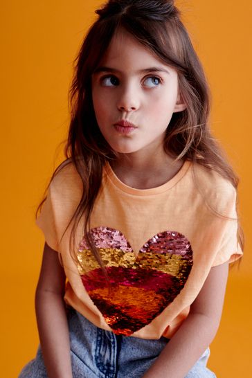 Apricot Orange Heart Sequin T-Shirt (3-16yrs)