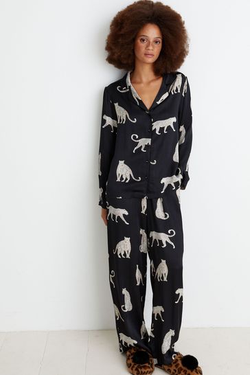 Oliver Bonas Mono Leopard Print Black Shirt & Trousers Pyjama Set