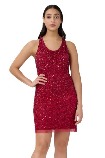 Adrianna Papell Red Beaded Cowl Neck Dress