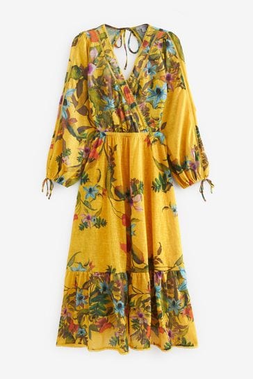 Yellow Floral Cut Out V Neck Long Sleeve Midi Dress