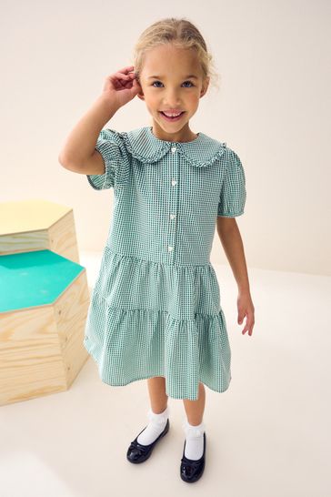 Buy Green Cotton Rich School Gingham Tiered Pretty Collar Dress 3 14yrs from Next Turkey