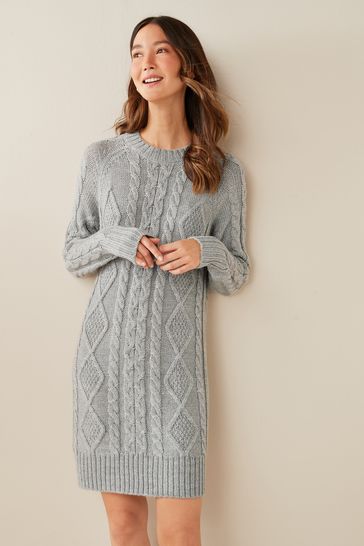 Grey Cable Knit Crew Neck Jumper Dress
