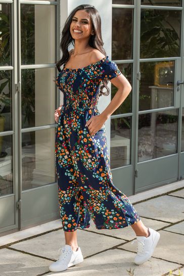 Pour Moi Navy Blue Floral Sally Fuller Bust Shirred Bodice LENZING™ ECOVERO™ Puff Sleeve Jumpsuit
