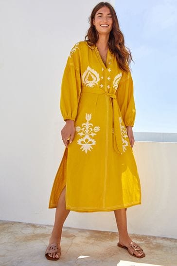Yellow Linen Rich Embroidered Midi Summer Dress