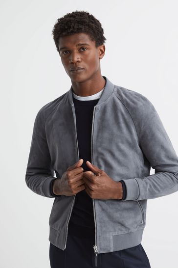 Buy Reiss Soft Blue Clark Suede Zip Through Perforated Bomber Jacket from Next Spain