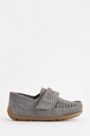 Buy Grey Standard Fit F Leather Penny Loafers with Touch and Close Fastening from Next Kuwait