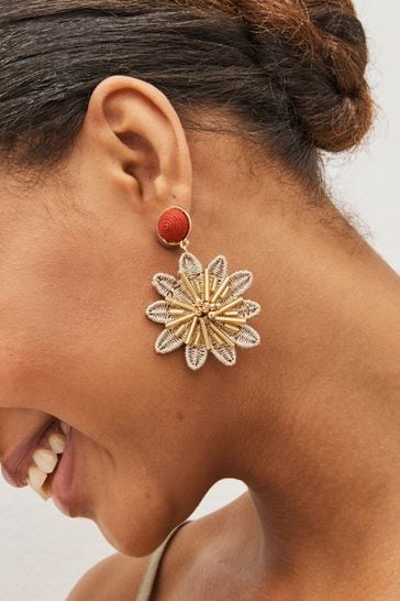 Gold Tone Woven Flower Earrings