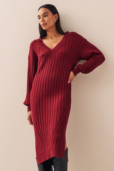 Berry Red Ribbed V-Neck Knit Jumper Dress