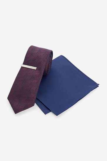 Burgundy Red/Navy Blue Geometric Slim Tie, Pocket Square And Tie Clip Set