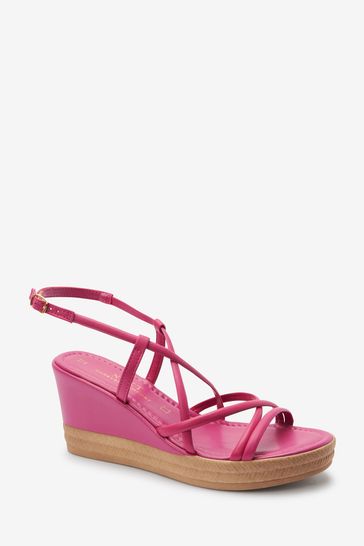 Pink Forever Comfort Leather Asymmetric Strappy Wedges