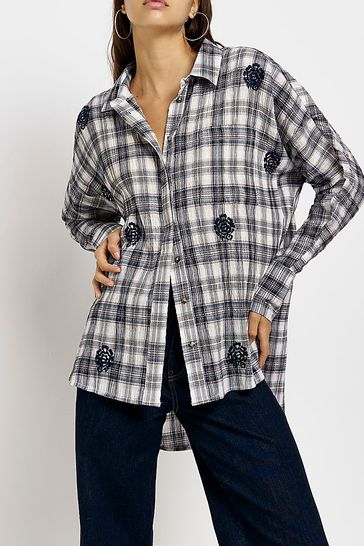 River Island Grey Oversized Embroidered Check Shirt