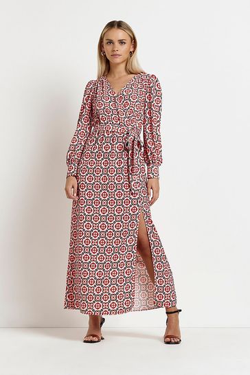 River Island Red Long Sleeve Wrap Front Midi Dress