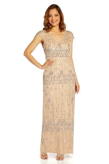 Adrianna Papell Silver Beaded Popover Column Gown