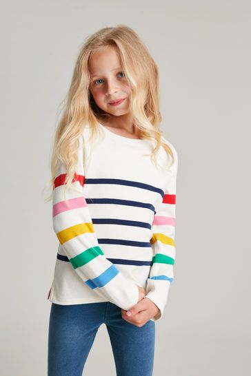 Joules Harbour Long Sleeve Stripe And Printed White T-Shirt