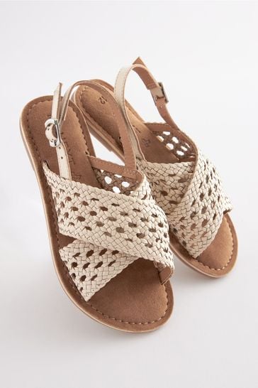 White Woven Leather Cross Strap Sandals