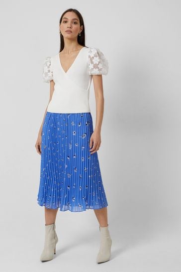 French Connection Blue Bhelle Crepe Pannel Pleated Midi Skirt