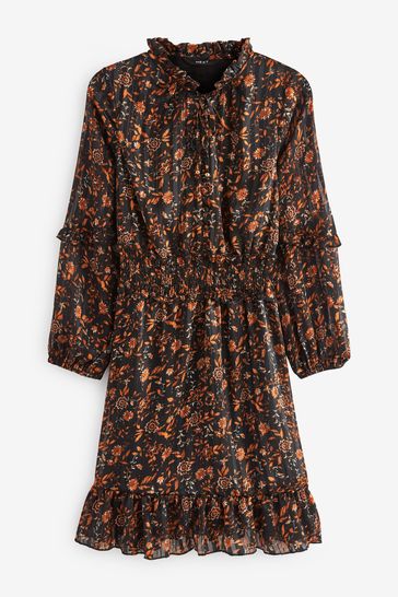 Buy Black Brown Floral Printed Chiffon Shirred Waist Ruffle Mini