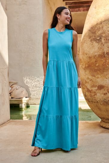 Buy Bright Blue Sleeveless Crew Neck Tiered Summer Maxi Dress from