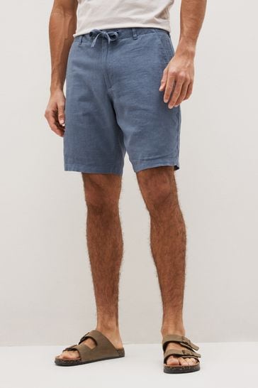 Blue Drawstring Linen Blend Shorts