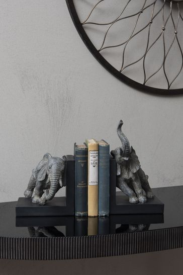 Libra Grey Elephant Bookends On Black Base