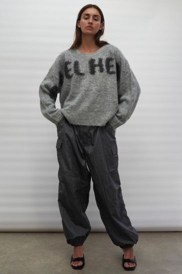 Religion Grey Oversized Slogan Jumper In Soft Fluffy Knit