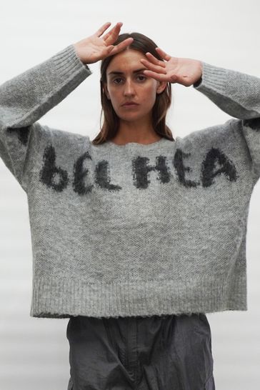 Religion Grey Oversized Slogan Jumper In Soft Fluffy Knit