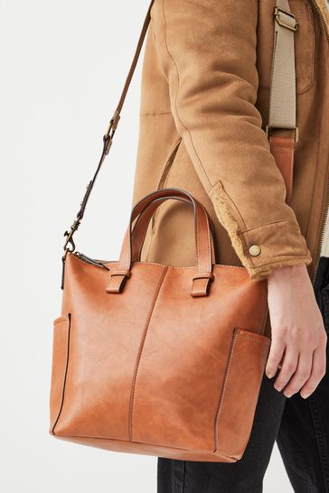 Tan Brown Contrast Strap Handheld Shopper Bag