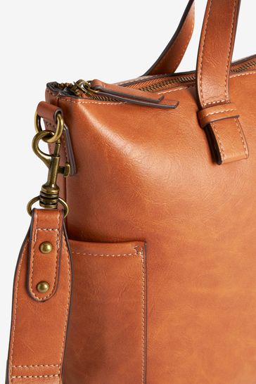 Tan Brown Contrast Strap Handheld Shopper Bag
