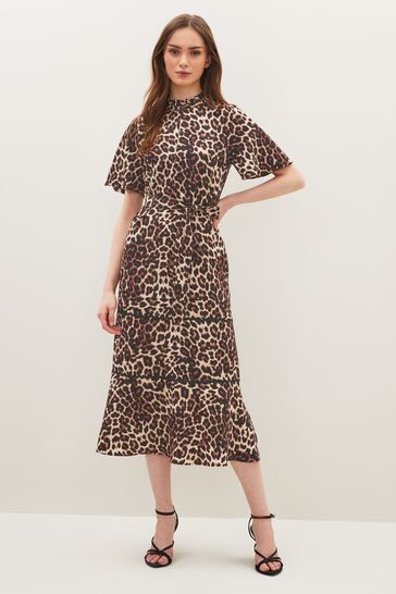 Leopard Print Zip Neck Midi Dress