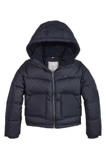 Tommy Hilfiger Blue Chevron Teddy Borg Lined Puffer Coat