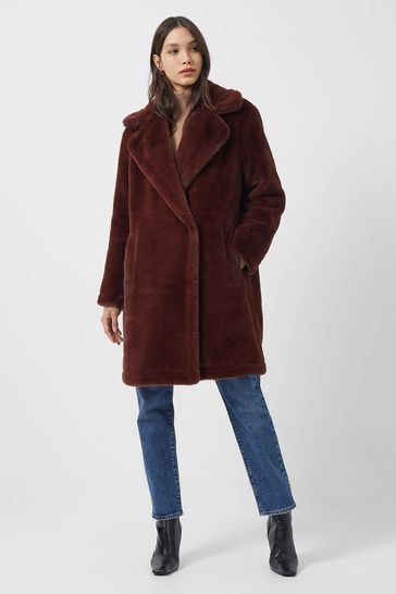 French Connection Buona Brown Recycled Faux Fur Long Coat