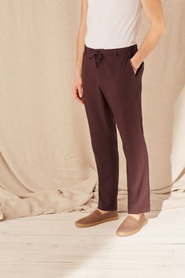 Rust Brown Linen Blend Drawstring Trousers