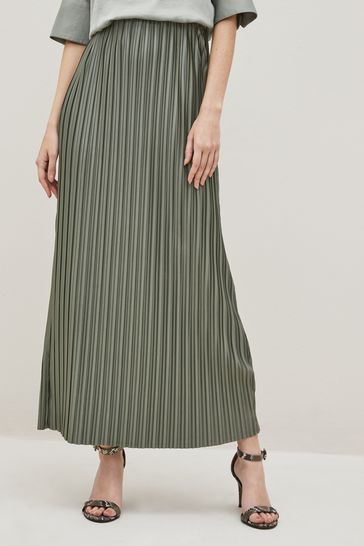 Khaki Green Plisse Midi Slip Skirt