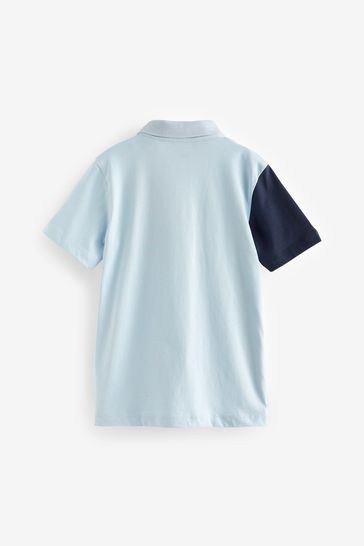 Buy Light Blue/Navy Vertical Panel Short Sleeve Zip Neck Polo