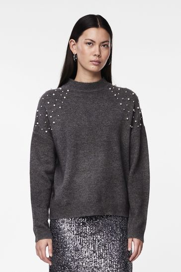 PIECES Grey High Neck Pearl Detail Jumper