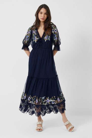 French Connection Blue Embellished Cluster Maxi Dress