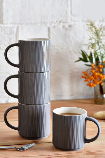 Set of 4 Charcoal Grey Embossed Stacking Mugs