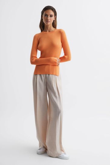 Buy Reiss Orange Elle Slim Fit Ribbed Crew Neck Split Sleeve