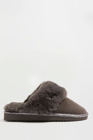 River Island Grey Branded Suede Closed Toe Slippers