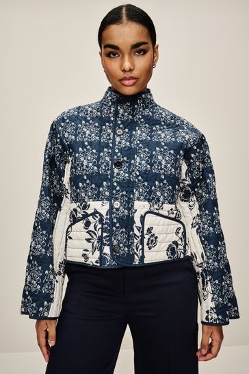 Navy Blue Quilted Floral Jacket