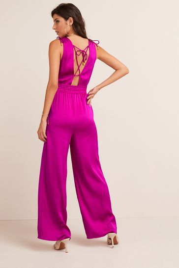 Buy Bright Pink Satin V Neckline Tie Back Wide Leg Jumpsuit from Next Luxembourg