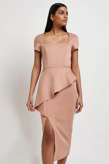 River Island Brown Square Neck Peplum Dress