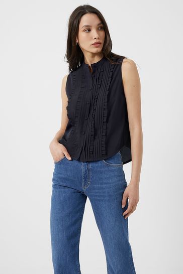French Connection Blue Anika Recycled Crepe Light Ruffle Top