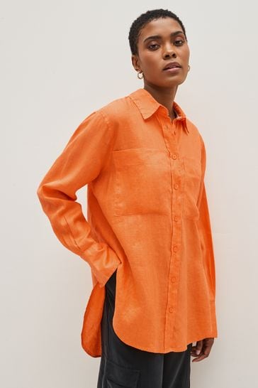 Orange 100% Linen Long Sleeve Curved Hem Shirt